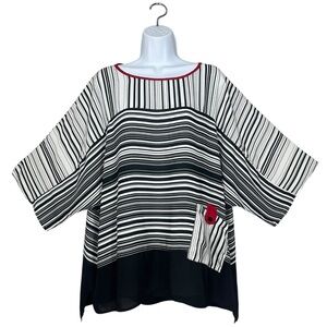 IC by Connie K Striped Boxy Tunic Top Black White Red Pocket XL Lagenlook USA